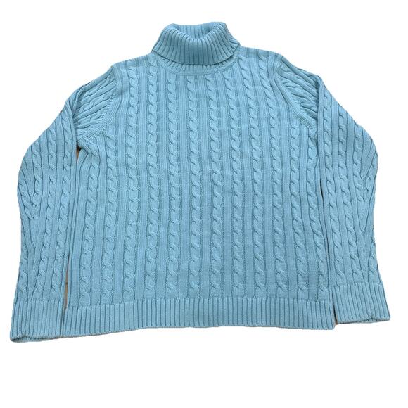 L.L. Bean Cable Knit Sweater Turtleneck Women's Large Blue Fisherman Classic - Picture 1 of 8